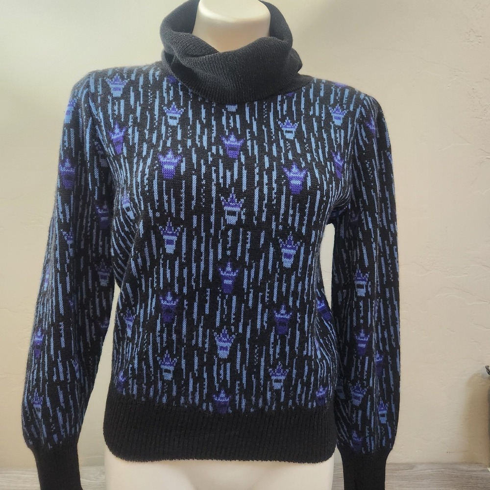 Vintage Gail B Black Blue Swewter‎ Size S Potted Plant Crown Turtleneck Retro